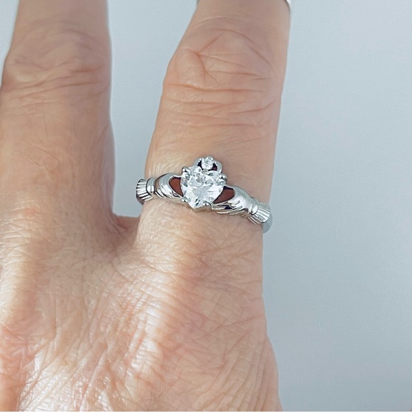 Sterling Silver Claddagh CZ Heart Ring, Irish Rings, April Birthstone Ring - Picture 10 of 10